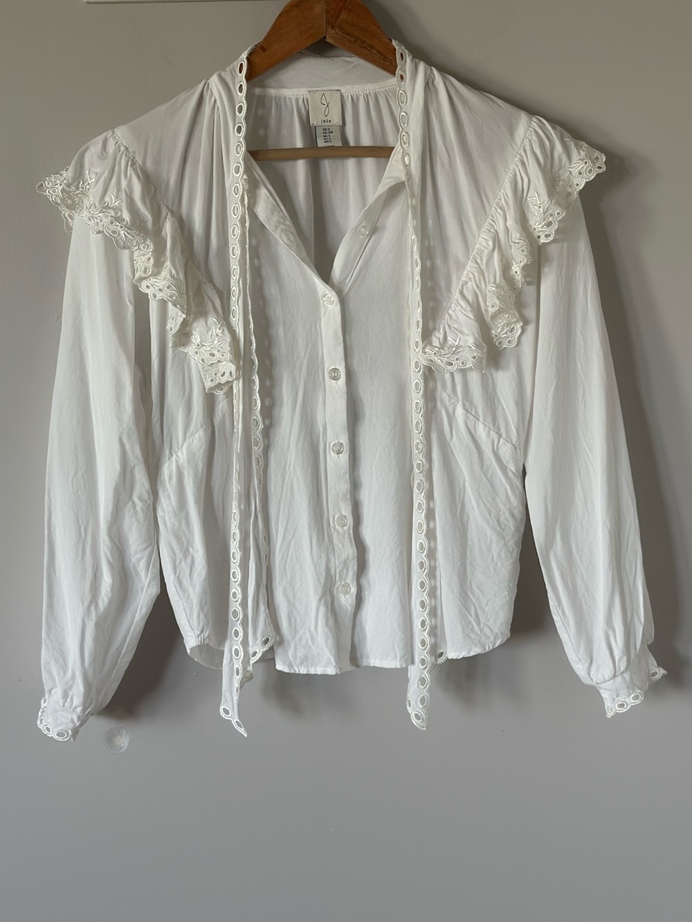 Joie White Lace-Trim Ruffle Button-Down Blouse